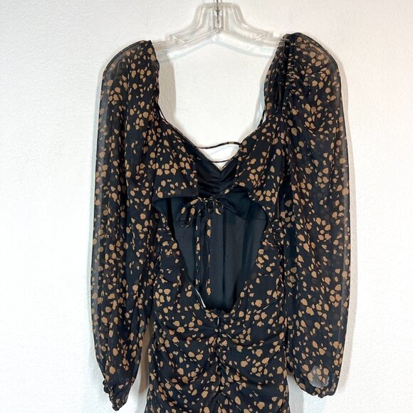 Black Brown Ruched Mini Dress Balloon Sleeves Criss Cross Back Small - Picture 8 of 13